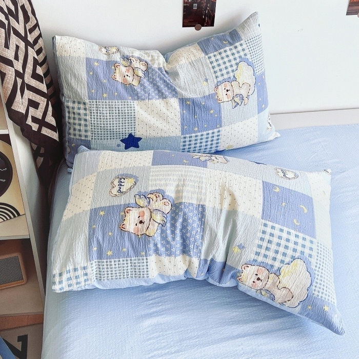 91家纺网 家纺一手货源 找家纺 朵朵家纺 2026新款高级感轻奢复古美拉德色系双层纱泡芙棉床品四件套加厚水洗双层纱软 蓝色泡芙狗