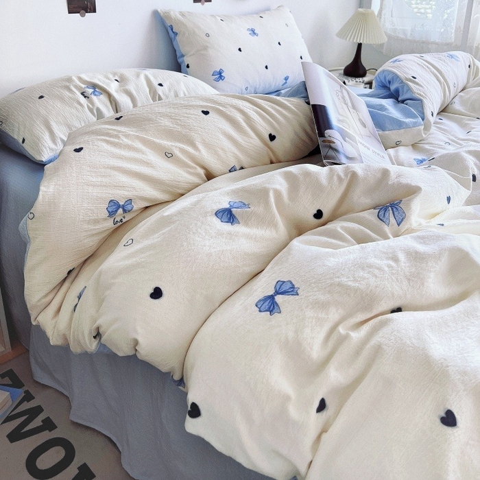 91家纺网 家纺一手货源 找家纺 朵朵家纺 2026新款高级感轻奢复古美拉德色系双层纱泡芙棉床品四件套加厚水洗双层纱软 奶蓝甜结