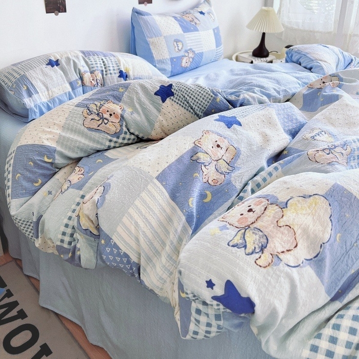 91家纺网 家纺一手货源 找家纺 朵朵家纺 2026新款高级感轻奢复古美拉德色系双层纱泡芙棉床品四件套加厚水洗双层纱软 蓝色泡芙狗