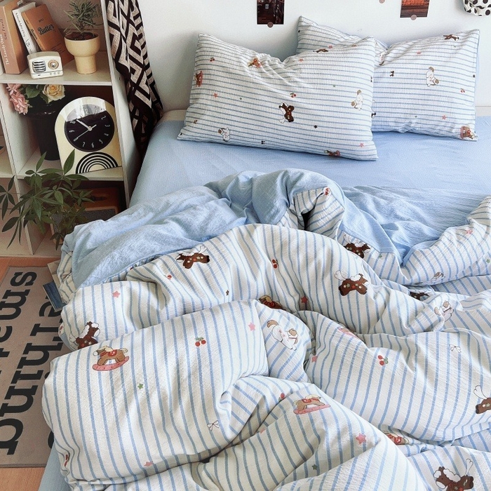 91家纺网 家纺一手货源 找家纺 朵朵家纺 2026新款高级感轻奢复古美拉德色系双层纱泡芙棉床品四件套加厚水洗双层纱软 木马拾光