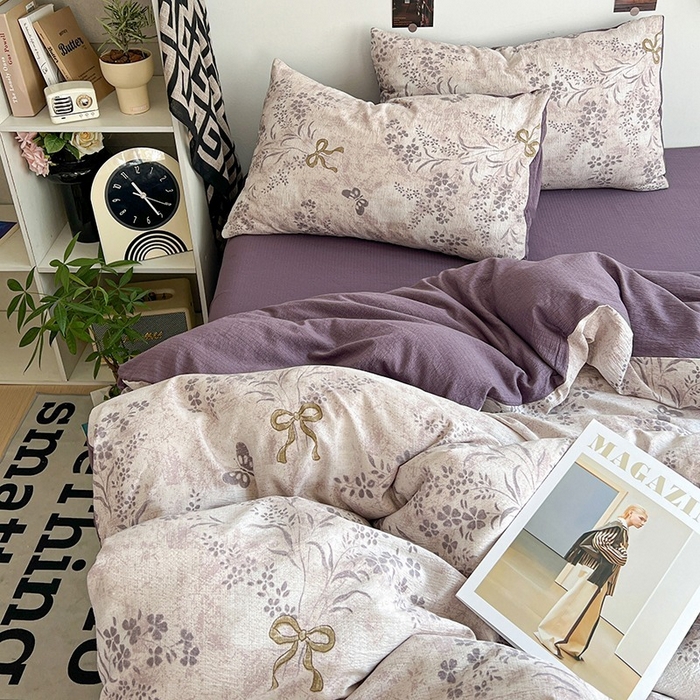 91家纺网 家纺一手货源 找家纺 朵朵家纺 2026新款高级感轻奢复古美拉德色系双层纱泡芙棉床品四件套加厚水洗双层纱软 花姿