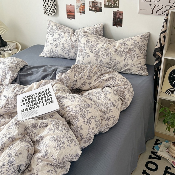 91家纺网 家纺一手货源 找家纺 朵朵家纺 2026新款高级感轻奢复古美拉德色系双层纱泡芙棉床品四件套加厚水洗双层纱软 青花瓷