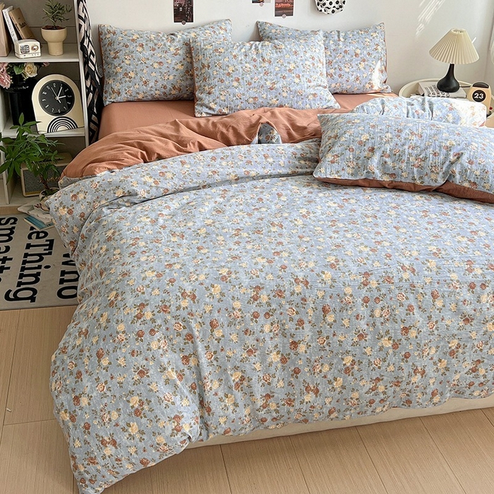 91家纺网 家纺一手货源 找家纺 朵朵家纺 2026新款高级感轻奢复古美拉德色系双层纱泡芙棉床品四件套加厚水洗双层纱软 醉玲珑