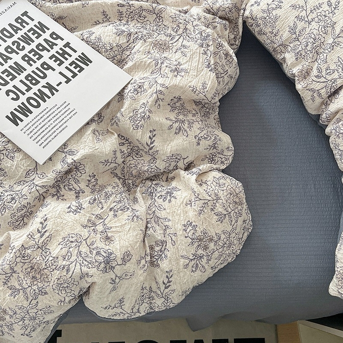 91家纺网 家纺一手货源 找家纺 朵朵家纺 2026新款高级感轻奢复古美拉德色系双层纱泡芙棉床品四件套加厚水洗双层纱软 青花瓷