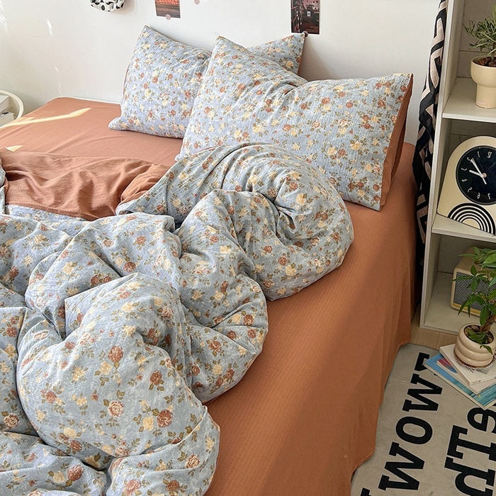 91家纺网 家纺一手货源 找家纺 朵朵家纺 2026新款高级感轻奢复古美拉德色系双层纱泡芙棉床品四件套加厚水洗双层纱软 醉玲珑