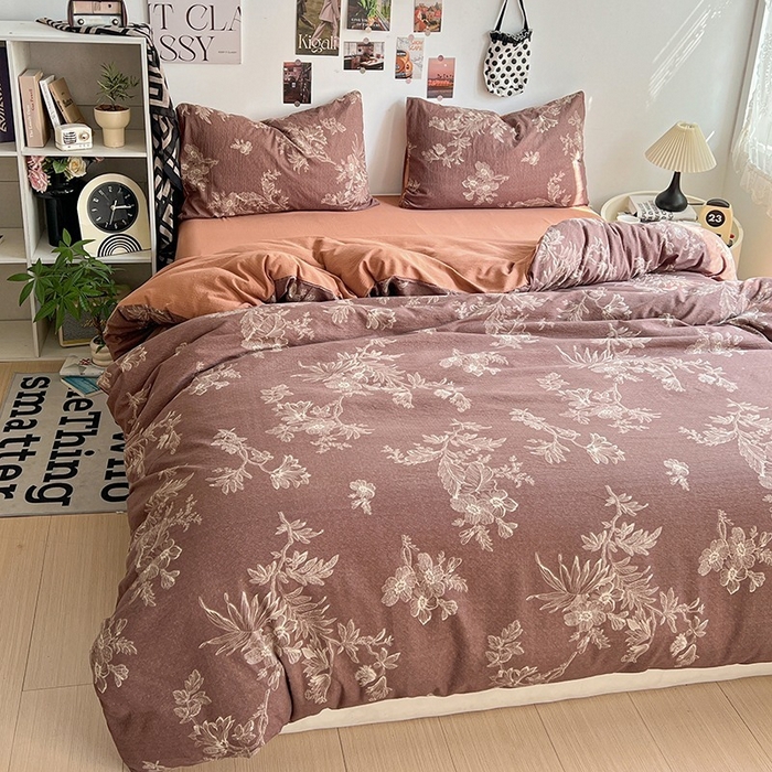 91家纺网 家纺一手货源 找家纺 朵朵家纺 2026新款高级感轻奢复古美拉德色系双层纱泡芙棉床品四件套加厚水洗双层纱软 晚棠