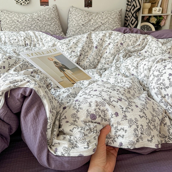 91家纺网 家纺一手货源 找家纺 朵朵家纺 2026新款高级感轻奢复古美拉德色系双层纱泡芙棉床品四件套加厚水洗双层纱软 春风拂梦