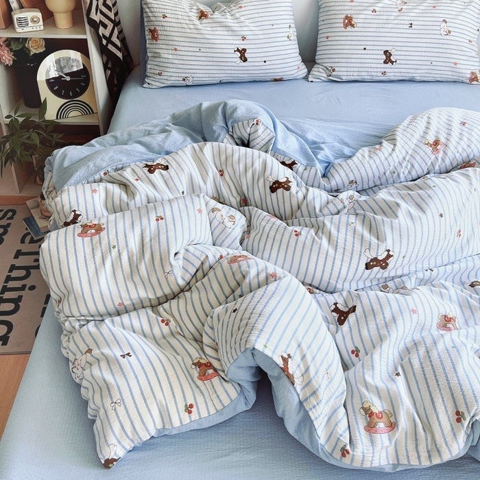 91家纺网 家纺一手货源 找家纺 朵朵家纺 2026新款高级感轻奢复古美拉德色系双层纱泡芙棉床品四件套加厚水洗双层纱软 木马拾光