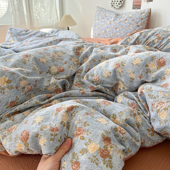 91家纺网 家纺一手货源 找家纺 朵朵家纺 2026新款高级感轻奢复古美拉德色系双层纱泡芙棉床品四件套加厚水洗双层纱软 醉玲珑