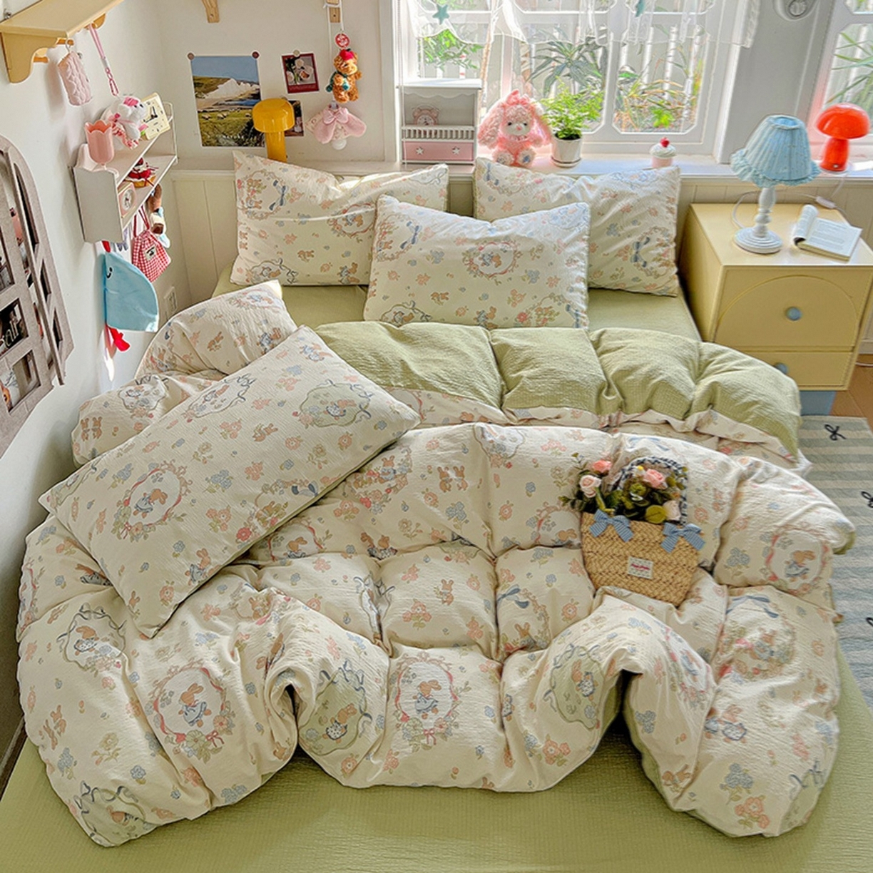 91家纺网 家纺一手货源 找家纺 朵朵家纺 2026新款高级感轻奢复古美拉德色系双层纱泡芙棉床品四件套加厚水洗双层纱软 爱丽丝兔