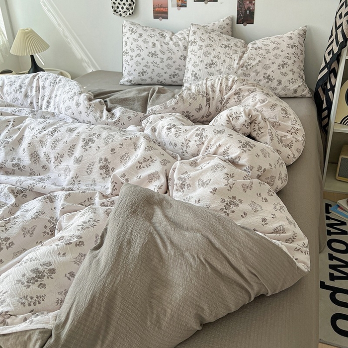 91家纺网 家纺一手货源 找家纺 朵朵家纺 2026新款高级感轻奢复古美拉德色系双层纱泡芙棉床品四件套加厚水洗双层纱软 素碟吟