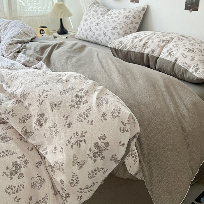 91家纺网 家纺一手货源 找家纺 朵朵家纺 2026新款高级感轻奢复古美拉德色系双层纱泡芙棉床品四件套加厚水洗双层纱软 素碟吟