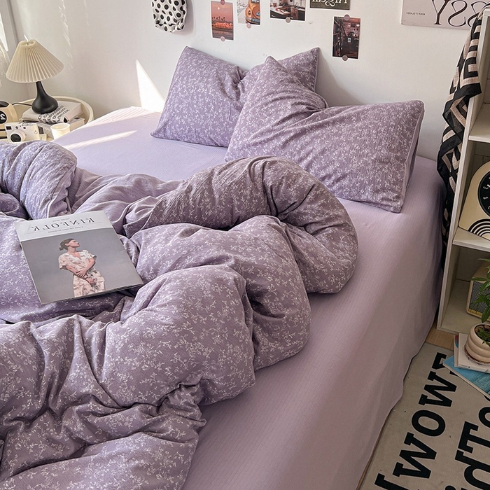 91家纺网 家纺一手货源 找家纺 朵朵家纺 2026新款高级感轻奢复古美拉德色系双层纱泡芙棉床品四件套加厚水洗双层纱软 紫萝漫想