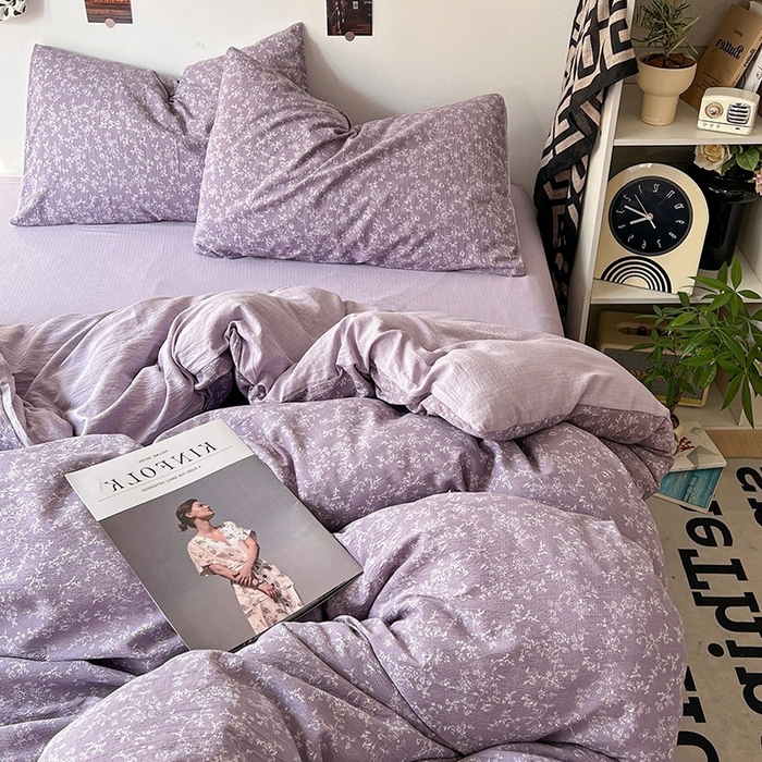 91家纺网 家纺一手货源 找家纺 朵朵家纺 2026新款高级感轻奢复古美拉德色系双层纱泡芙棉床品四件套加厚水洗双层纱软 紫萝漫想