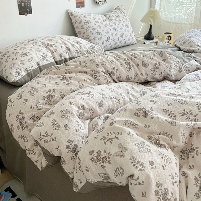 91家纺网 家纺一手货源 找家纺 朵朵家纺 2026新款高级感轻奢复古美拉德色系双层纱泡芙棉床品四件套加厚水洗双层纱软 素碟吟