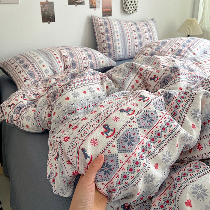 91家纺网 家纺一手货源 找家纺 朵朵家纺 2026新款高级感轻奢复古美拉德色系双层纱泡芙棉床品四件套加厚水洗双层纱软 马上有福