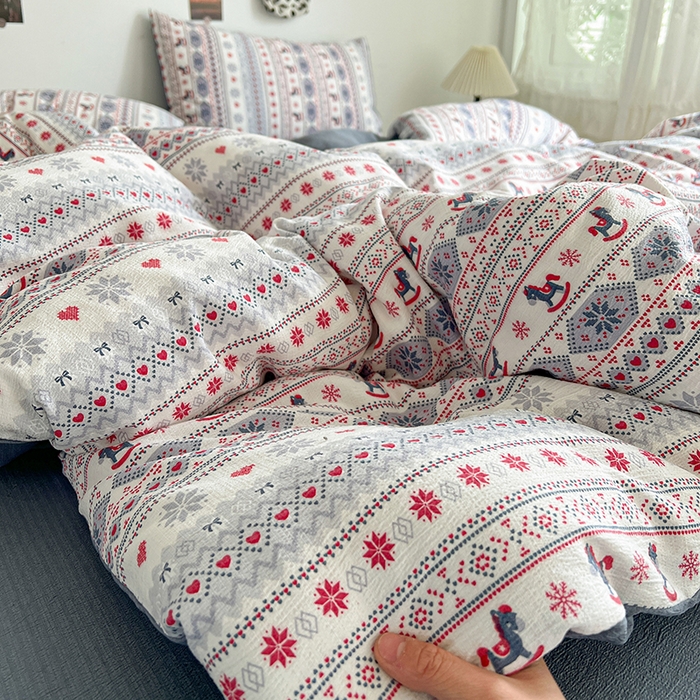 91家纺网 家纺一手货源 找家纺 朵朵家纺 2026新款高级感轻奢复古美拉德色系双层纱泡芙棉床品四件套加厚水洗双层纱软 马上有福