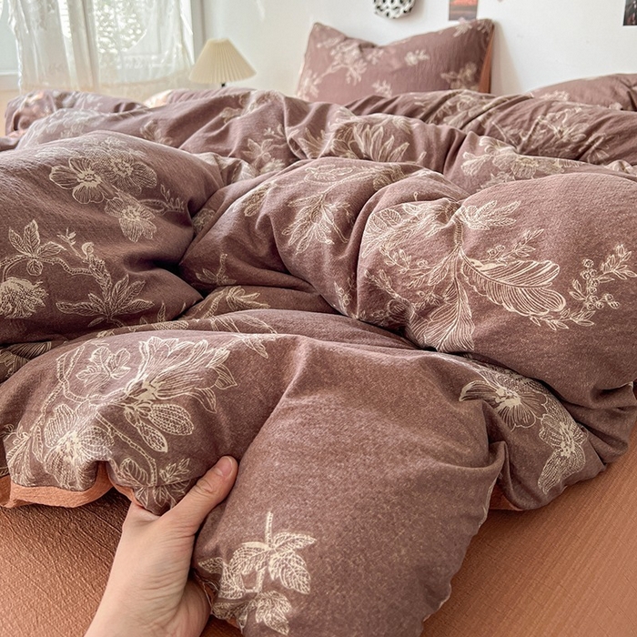 91家纺网 家纺一手货源 找家纺 朵朵家纺 2026新款高级感轻奢复古美拉德色系双层纱泡芙棉床品四件套加厚水洗双层纱软 晚棠