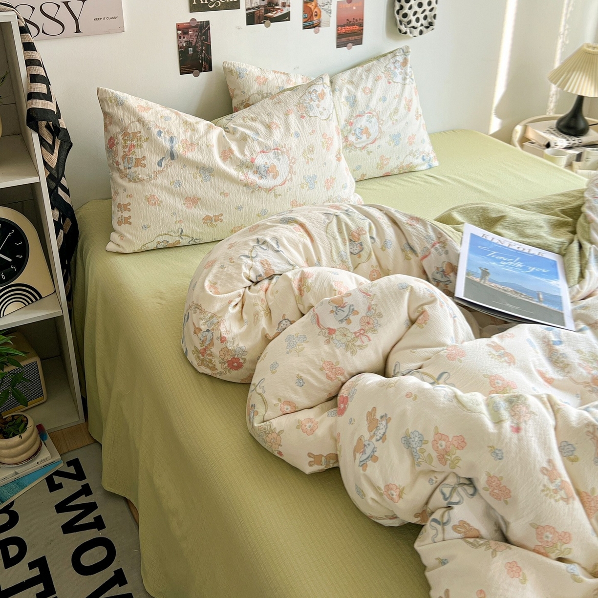 91家纺网 家纺一手货源 找家纺 朵朵家纺 2026新款高级感轻奢复古美拉德色系双层纱泡芙棉床品四件套加厚水洗双层纱软 爱丽丝兔