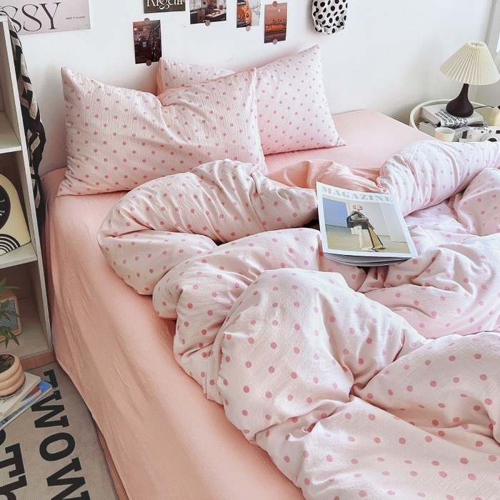 91家纺网 家纺一手货源 找家纺 朵朵家纺 2026新款高级感轻奢复古美拉德色系双层纱泡芙棉床品四件套加厚水洗双层纱软 粉红波点