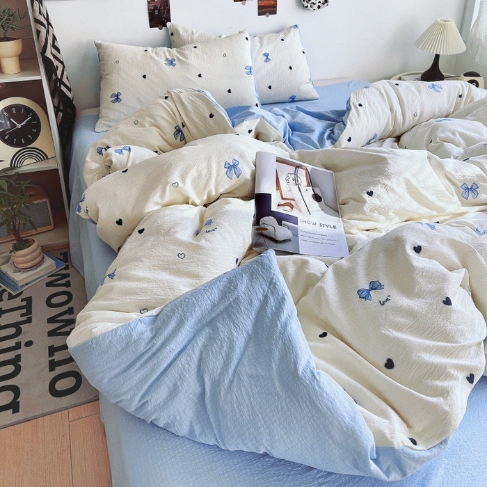 91家纺网 家纺一手货源 找家纺 朵朵家纺 2026新款高级感轻奢复古美拉德色系双层纱泡芙棉床品四件套加厚水洗双层纱软 奶蓝甜结