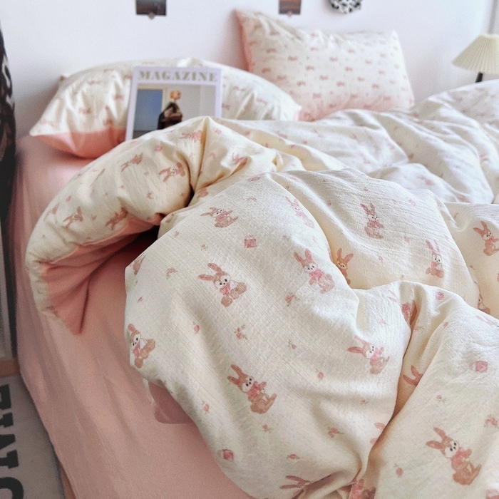 91家纺网 家纺一手货源 找家纺 朵朵家纺 2026新款高级感轻奢复古美拉德色系双层纱泡芙棉床品四件套加厚水洗双层纱软 奶芙兔