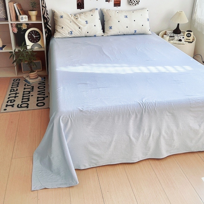 91家纺网 家纺一手货源 找家纺 朵朵家纺 2026新款高级感轻奢复古美拉德色系双层纱泡芙棉床品四件套加厚水洗双层纱软 奶蓝甜结