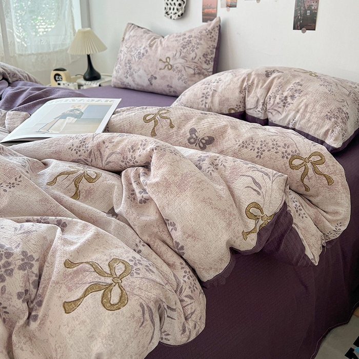 91家纺网 家纺一手货源 找家纺 朵朵家纺 2026新款高级感轻奢复古美拉德色系双层纱泡芙棉床品四件套加厚水洗双层纱软 花姿