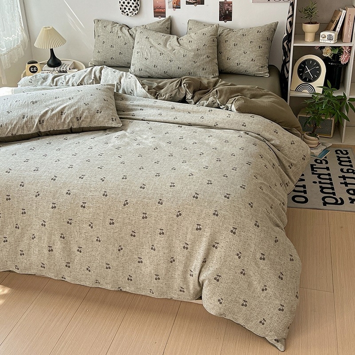 91家纺网 家纺一手货源 找家纺 朵朵家纺 2026新款高级感轻奢复古美拉德色系双层纱泡芙棉床品四件套加厚水洗双层纱软 绿樱