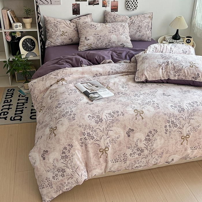 91家纺网 家纺一手货源 找家纺 朵朵家纺 2026新款高级感轻奢复古美拉德色系双层纱泡芙棉床品四件套加厚水洗双层纱软 花姿