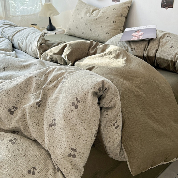 91家纺网 家纺一手货源 找家纺 朵朵家纺 2026新款高级感轻奢复古美拉德色系双层纱泡芙棉床品四件套加厚水洗双层纱软 绿樱