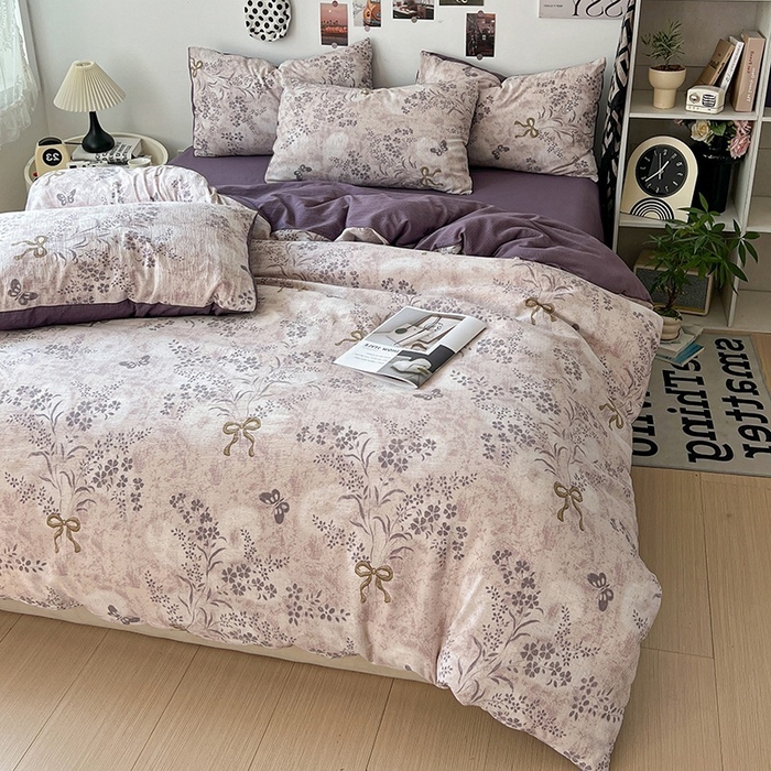 91家纺网 家纺一手货源 找家纺 朵朵家纺 2026新款高级感轻奢复古美拉德色系双层纱泡芙棉床品四件套加厚水洗双层纱软 花姿