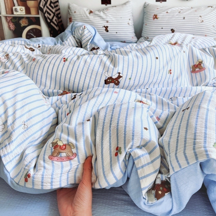 91家纺网 家纺一手货源 找家纺 朵朵家纺 2026新款高级感轻奢复古美拉德色系双层纱泡芙棉床品四件套加厚水洗双层纱软 木马拾光