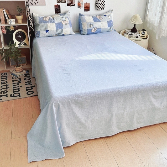 91家纺网 家纺一手货源 找家纺 朵朵家纺 2026新款高级感轻奢复古美拉德色系双层纱泡芙棉床品四件套加厚水洗双层纱软 蓝色泡芙狗