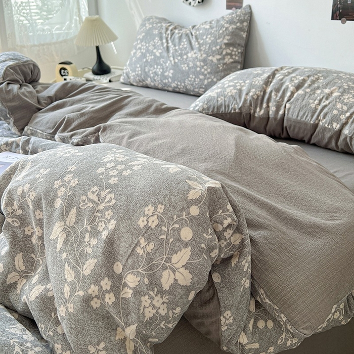 91家纺网 家纺一手货源 找家纺 朵朵家纺 2026新款高级感轻奢复古美拉德色系双层纱泡芙棉床品四件套加厚水洗双层纱软 漫野