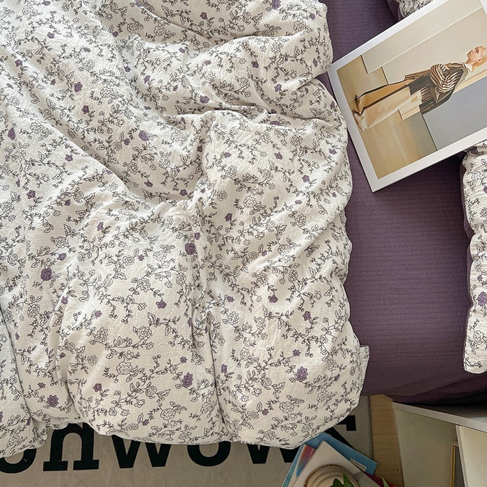 91家纺网 家纺一手货源 找家纺 朵朵家纺 2026新款高级感轻奢复古美拉德色系双层纱泡芙棉床品四件套加厚水洗双层纱软 春风拂梦