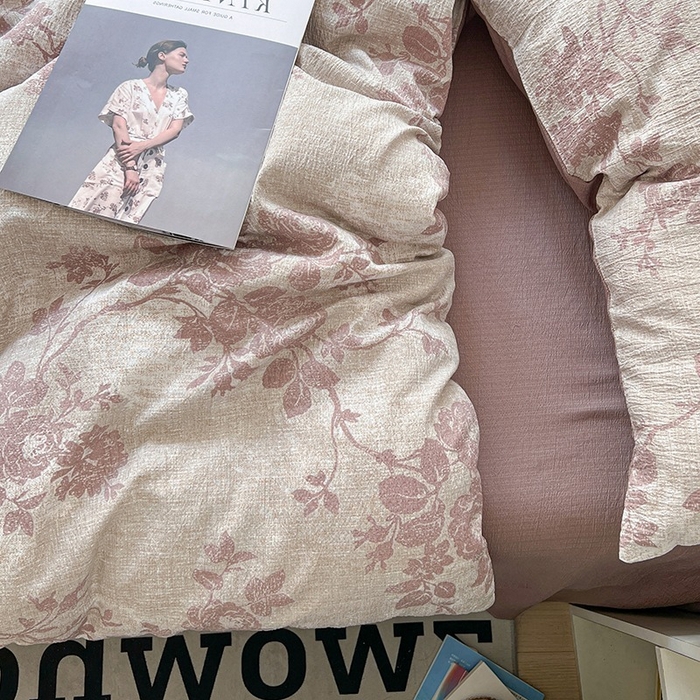 91家纺网 家纺一手货源 找家纺 朵朵家纺 2026新款高级感轻奢复古美拉德色系双层纱泡芙棉床品四件套加厚水洗双层纱软 知音咖