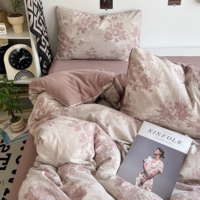 91家纺网 家纺一手货源 找家纺 朵朵家纺 2026新款高级感轻奢复古美拉德色系双层纱泡芙棉床品四件套加厚水洗双层纱软 知音咖