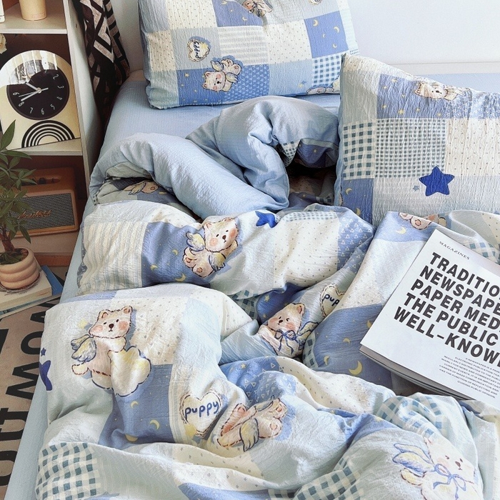 91家纺网 家纺一手货源 找家纺 朵朵家纺 2026新款高级感轻奢复古美拉德色系双层纱泡芙棉床品四件套加厚水洗双层纱软 蓝色泡芙狗