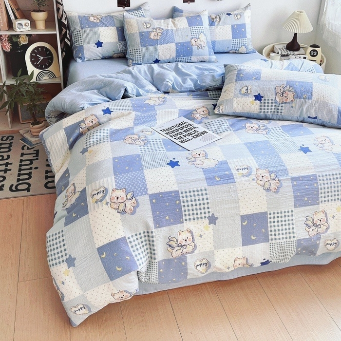 91家纺网 家纺一手货源 找家纺 朵朵家纺 2026新款高级感轻奢复古美拉德色系双层纱泡芙棉床品四件套加厚水洗双层纱软 蓝色泡芙狗