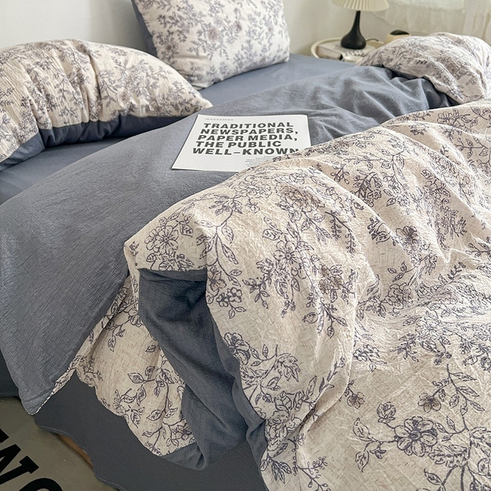 91家纺网 家纺一手货源 找家纺 朵朵家纺 2026新款高级感轻奢复古美拉德色系双层纱泡芙棉床品四件套加厚水洗双层纱软 青花瓷