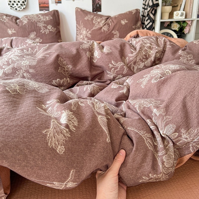 91家纺网 家纺一手货源 找家纺 朵朵家纺 2026新款高级感轻奢复古美拉德色系双层纱泡芙棉床品四件套加厚水洗双层纱软 晚棠