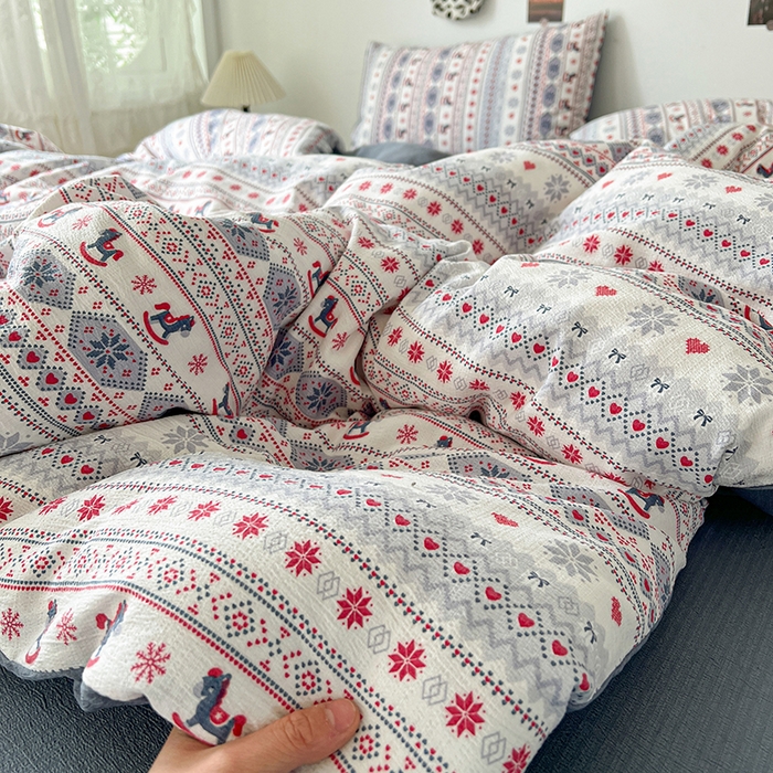 91家纺网 家纺一手货源 找家纺 （总）朵朵家纺 2026新款高级感轻奢复古美拉德色系双层纱泡芙棉床品四件套加厚水洗双层纱软