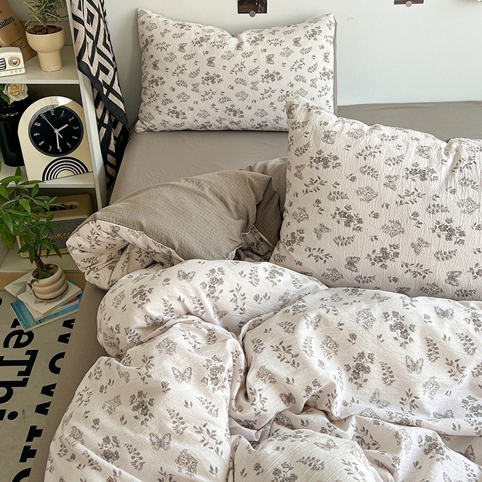 91家纺网 家纺一手货源 找家纺 朵朵家纺 2026新款高级感轻奢复古美拉德色系双层纱泡芙棉床品四件套加厚水洗双层纱软 素碟吟