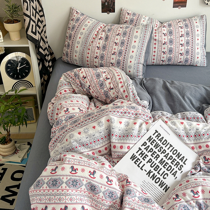 91家纺网 家纺一手货源 找家纺 （总）朵朵家纺 2026新款高级感轻奢复古美拉德色系双层纱泡芙棉床品四件套加厚水洗双层纱软