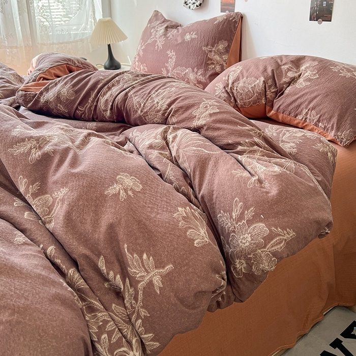 91家纺网 家纺一手货源 找家纺 朵朵家纺 2026新款高级感轻奢复古美拉德色系双层纱泡芙棉床品四件套加厚水洗双层纱软 晚棠
