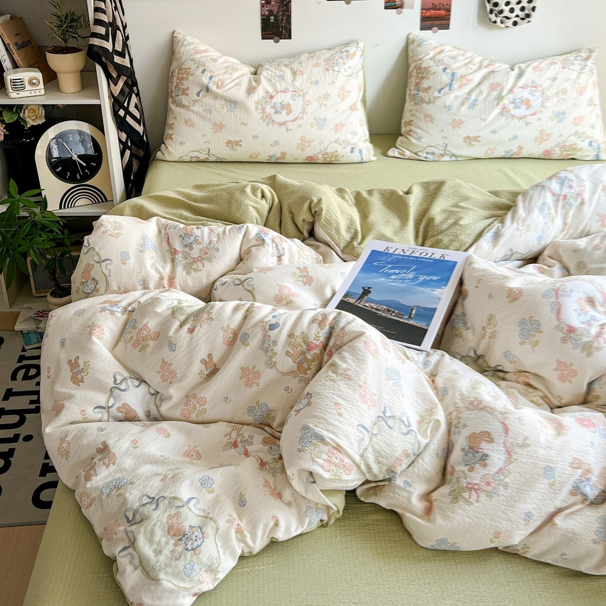 91家纺网 家纺一手货源 找家纺 朵朵家纺 2026新款高级感轻奢复古美拉德色系双层纱泡芙棉床品四件套加厚水洗双层纱软 爱丽丝兔