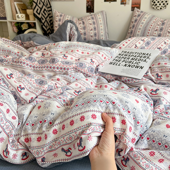 91家纺网 家纺一手货源 找家纺 朵朵家纺 2026新款高级感轻奢复古美拉德色系双层纱泡芙棉床品四件套加厚水洗双层纱软 马上有福