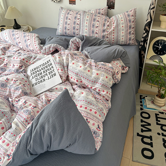 91家纺网 家纺一手货源 找家纺 朵朵家纺 2026新款高级感轻奢复古美拉德色系双层纱泡芙棉床品四件套加厚水洗双层纱软 马上有福