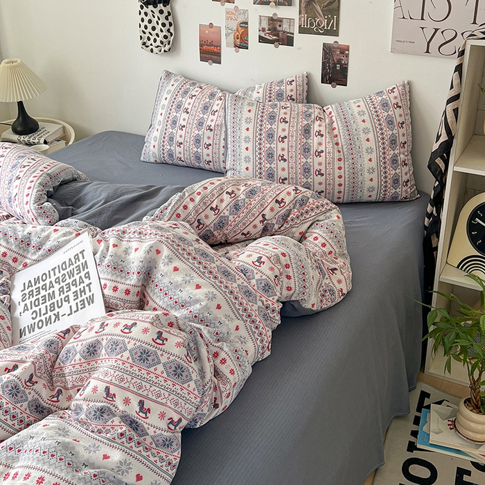 91家纺网 家纺一手货源 找家纺 朵朵家纺 2026新款高级感轻奢复古美拉德色系双层纱泡芙棉床品四件套加厚水洗双层纱软 马上有福